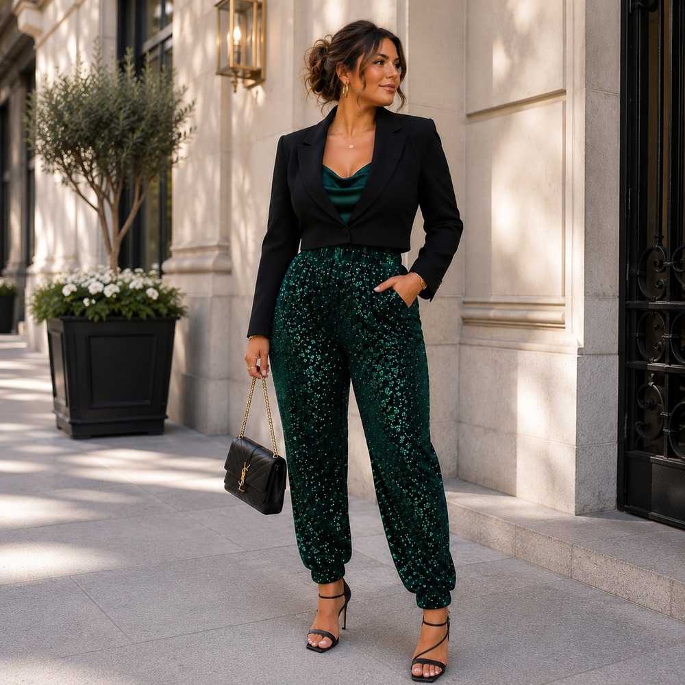 Emily McCarthy Green Downtown Jogger Sequin Velvet Cheetah Pants Glam Party Chic